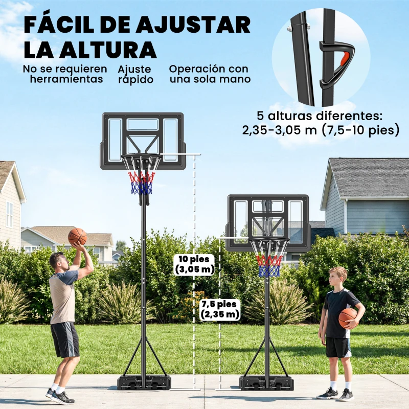 SPORTNOW Canasta de Baloncesto Exterior con Ruedas Altura Ajustable 235-305 cm Base Rellenable y Bolsa de Peso Negro