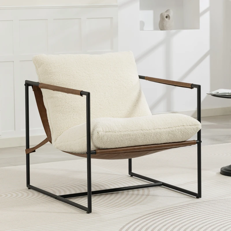 HOMCOM Fauteuil salon, fauteuil d'appoint rembourré en tissu bouclette, large assise et structure en acier, 77x91x80cm, crème