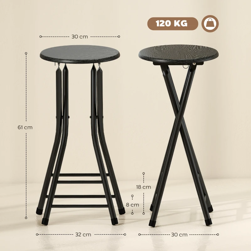 HOMCOM 2er-Set Klappbare Barhocker, Runde Barstühle mit Doppel-Fußstütze, Stahlgestell, Schwarz