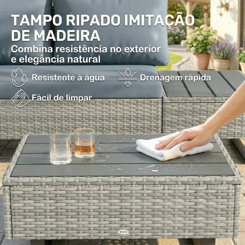 Outsunny Conjunto de Jardim em Vime PE de 3 Peças com Encosto Ajustável Sofá de 3 Lugares Sofá de 2 Lugares e Mesa Cinzento