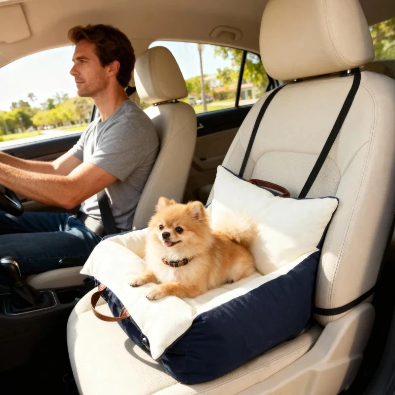 PawHut Dog Car Seat, Cosy Pet Car Booster Seat for Small Dog Under 5 KG, Portable Travel Bed with Safety Belts, Navy Blue