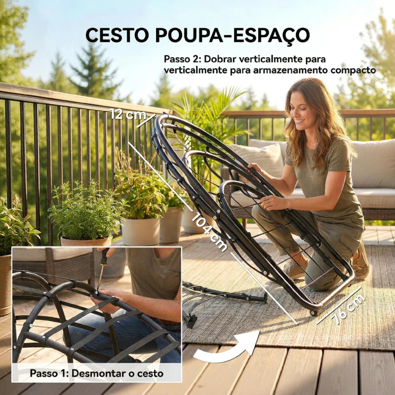 Outsunny Cadeira Suspensa Tipo Ovo com Suporte Cesto Dobrável Apoio de Cabeça Almofada Bolso Lateral Capacidade 120 kg Cinzento Escuro