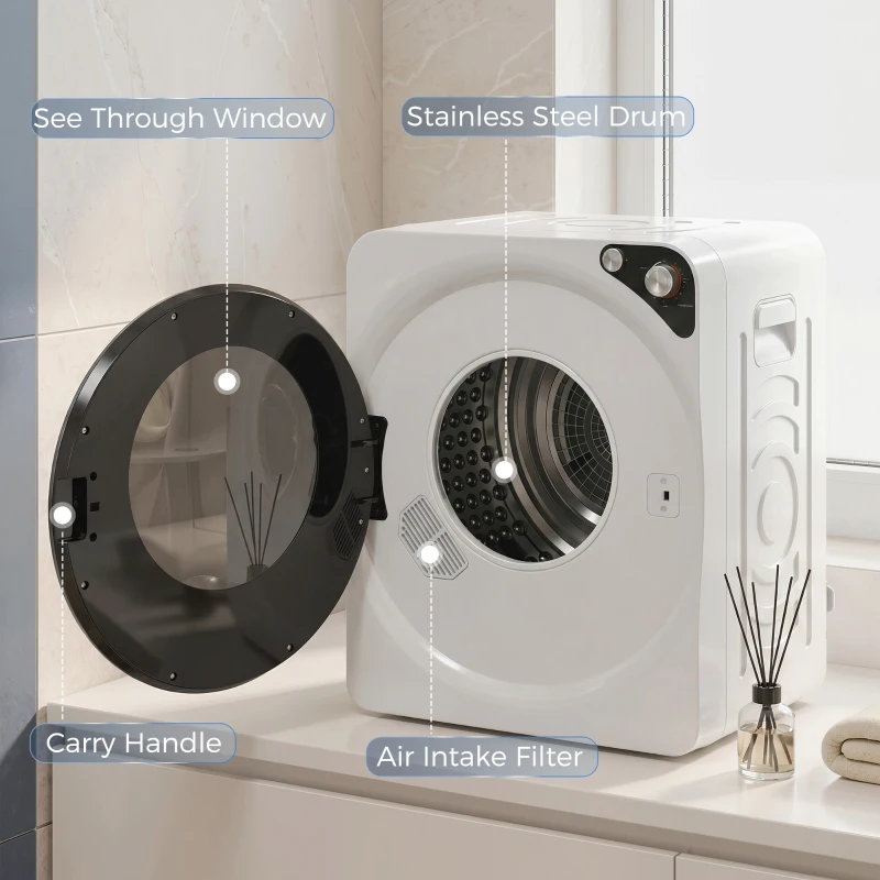 HOMCOM 5kg Vented Tumble Dryer, 1000W Compact Tumble Dryer with 5 Drying Modes, Stainless Steel Tub, White