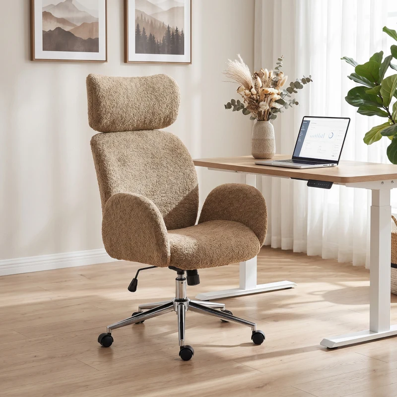 HOMCOM Bürostuhl mit verstellbarer Kopfstütze, ergonomischer Schreibtischstuhl, Kippfunktion, höhenverstellbar, Braun
