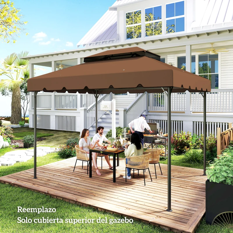Outsunny Toldo de Recambio para Cenador 4x3 m con Techo Doble Orificios de Drenaje Solo Toldo NO Incluye Marco Café