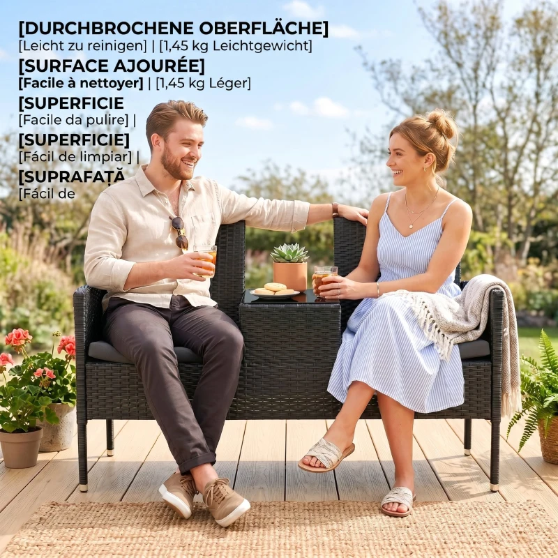 Outsunny Divanetto per Esterni 2 Posti con Tavolino da Caffè, in Acciaio e Rattan PE, 137x59x82 cm, Nero