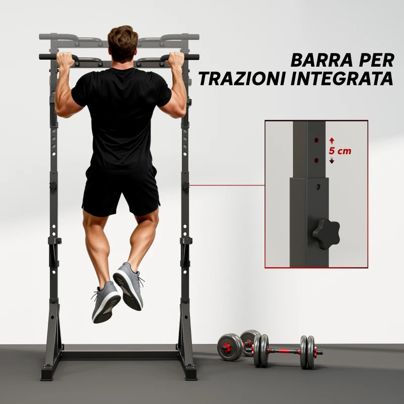 SPORTNOW Squat Rack Regolabile con Doppio Supporto, Portadischi e Barra Trazioni, in Acciaio, 112-100x201-217 cm, Nero