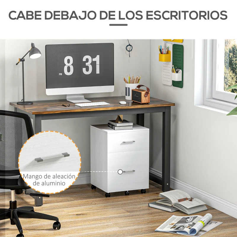 HOMCOM Cajonera de Escritorio con 2 Cajones Ruedas Archivador Móvil para Archivos A4 o Cartas 39,5x39x58,5 cm Blanco