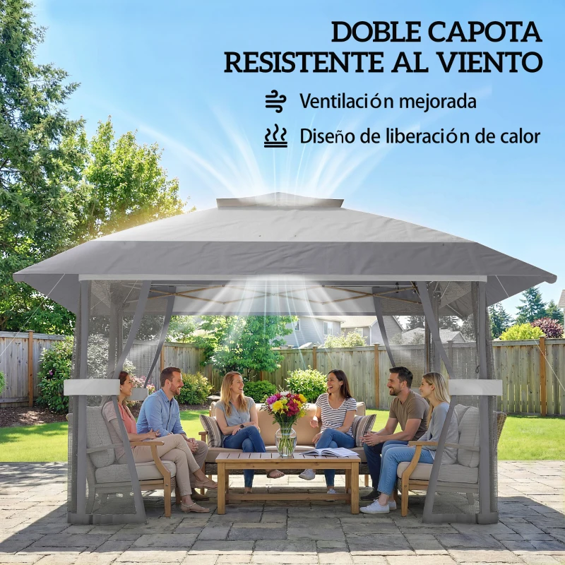 Outsunny Carpa Plegable 4x4 m Pop-up con Doble Techo 4 Laterales de Malla Altura Ajustable Bolsa Transporte UPF30+ Gris