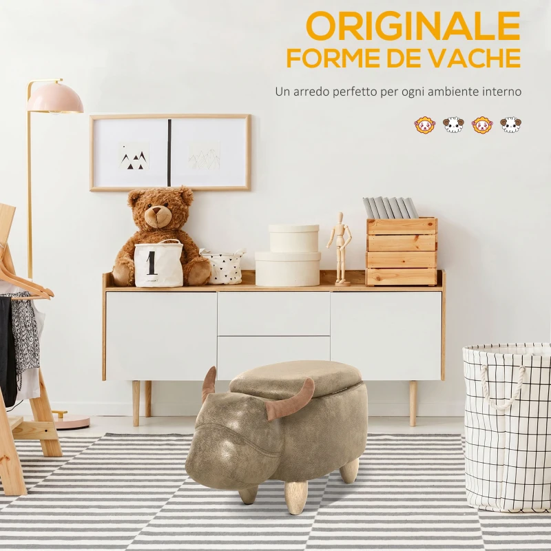HOMCOM Pouf Contenitore a Forma di Bufalo, Pouf Moderno da Salotto, Sgabello Poggiapiedi, Struttura in Legno, Seduta Imbottita, 62x35x36cm, Marrone
