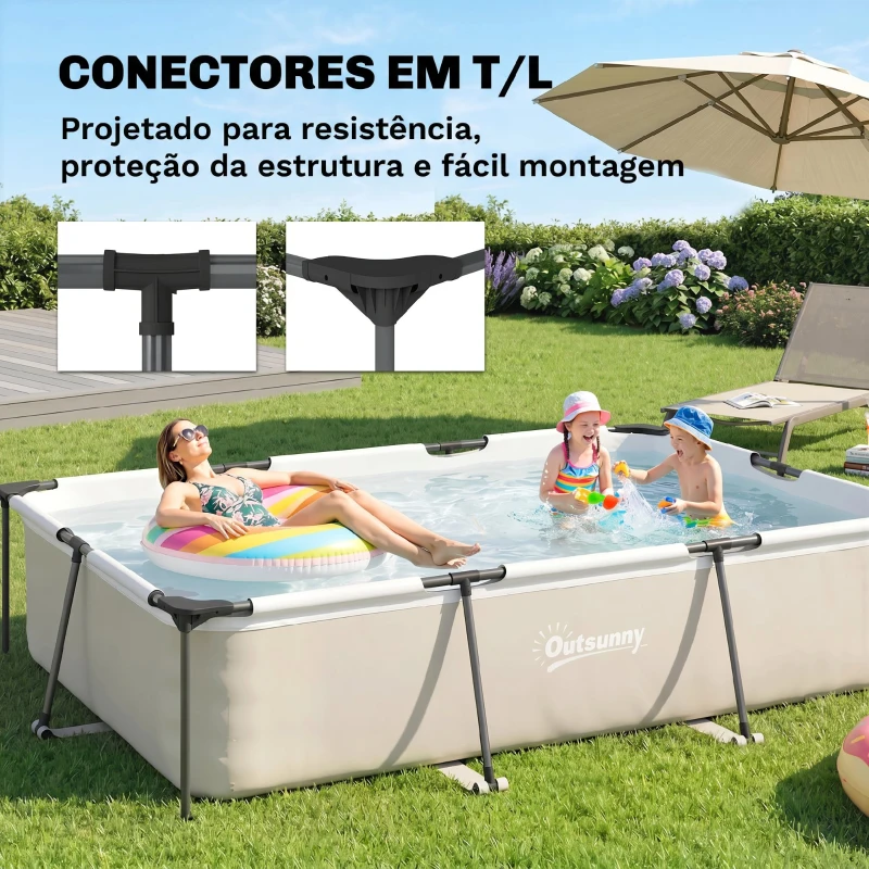 Outsunny Piscina Desmontável Tubular 316x238x66,5 3701 L Piscina Retangular com Estrutura Metálica para 2-4 Pessoas Cinzento