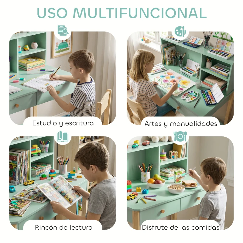 AIYAPLAY Escritorio Infantil Mesa de Escritorio para Niños con 3 Compartimentos Abiertos y 2 Cajones 90x52x105 cm Verde