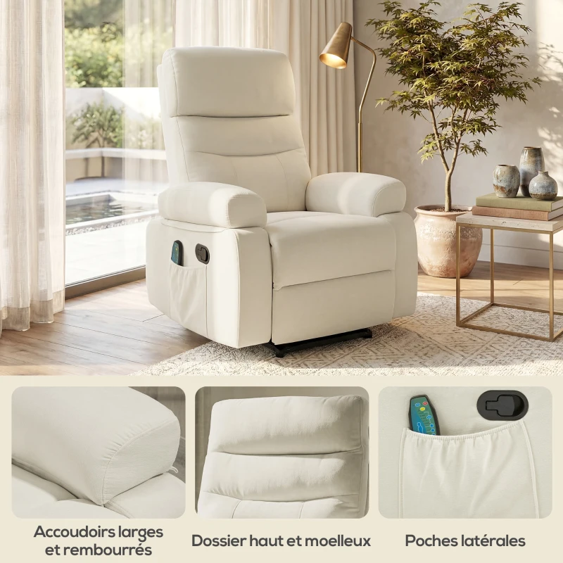 HOMCOM Fauteuil de massage fauteuil relax avec fonction inclinable vibration chauffage, télécommande inclus, crème