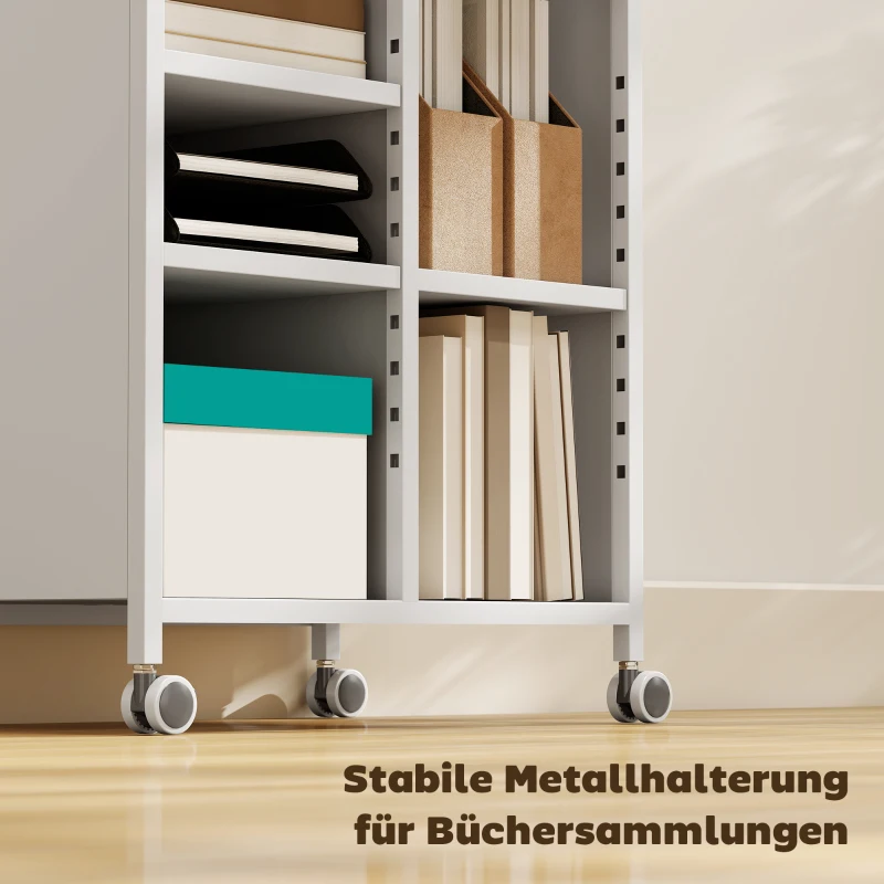 HOMCOM Bücherregal auf Rollen, 4-stufig, verstellbare Regalböden & Hängekörbe für Home Office und Wohnzimmer, Weiß
