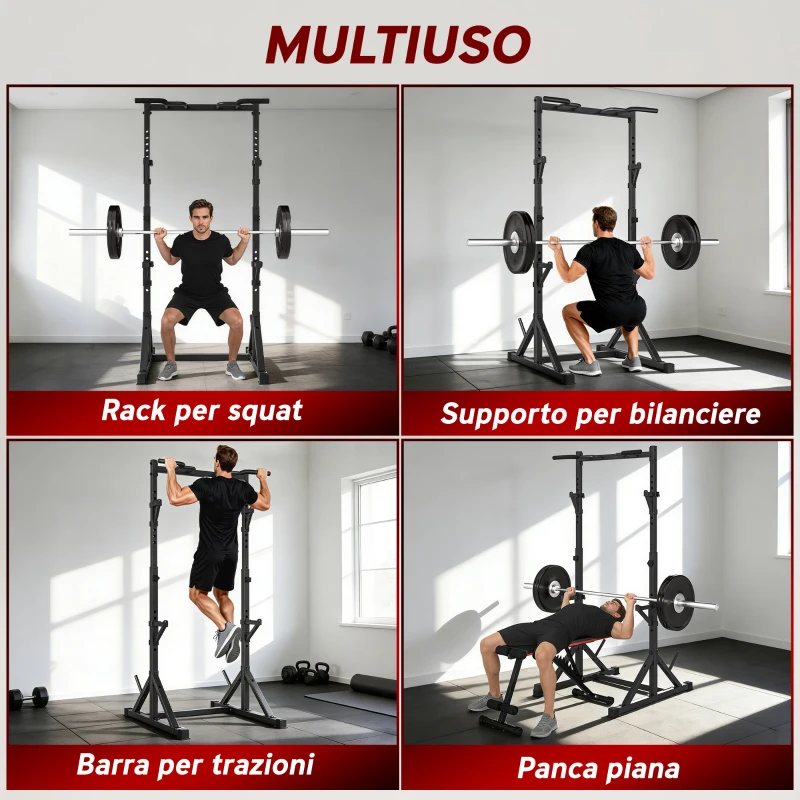 SPORTNOW Squat Rack Regolabile con Doppio Supporto, Portadischi e Barra Trazioni, in Acciaio, 112-100x201-217 cm, Nero