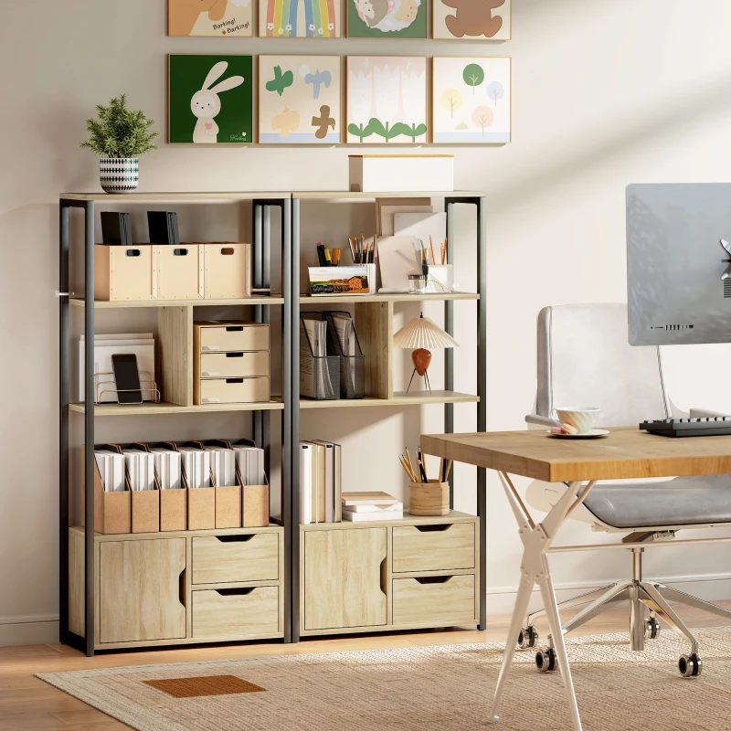 HOMCOM 4-Tier Bookcase, Ladder Bookshelf with Cabinet and Drawers for Living Room, Bedroom, Home Office, Natural Wood
