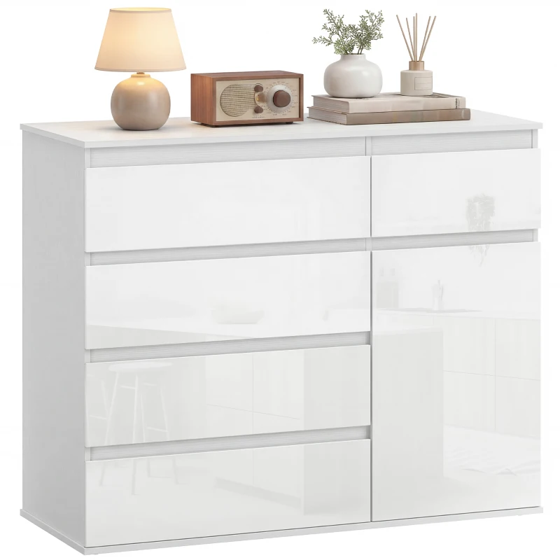 HOMCOM Credenza, Mobile con 5 Cassetti, Ripiano Regolabile, Bianco Lucido.