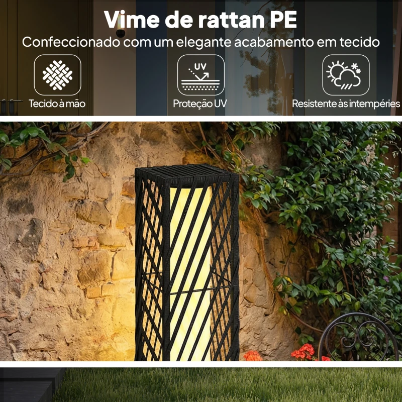 Outsunny Candeeiro de Jardim em Vime Candeeiro Solar Exterior com Luzes LED Automáticas Impermeável IP44 16x16x68 cm Preto