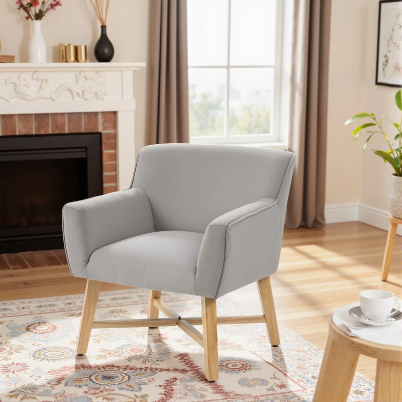 HOMCOM Butaca de Salón Tapizada en Terciopelo con Reposabrazos Acolchados y Patas de Madera Cruzadas 67x65x74 cm Gris Claro