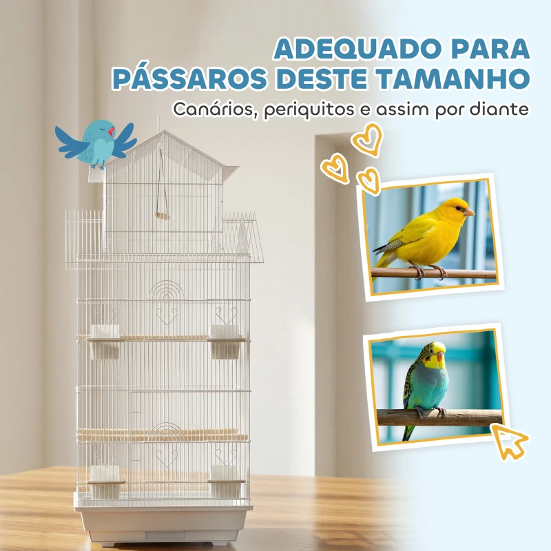 PawHut Gaiola para Pássaros de Aço com Comedouros Poleiros Balanço e Bandeja Removível 50,5x41x104 cm Branco