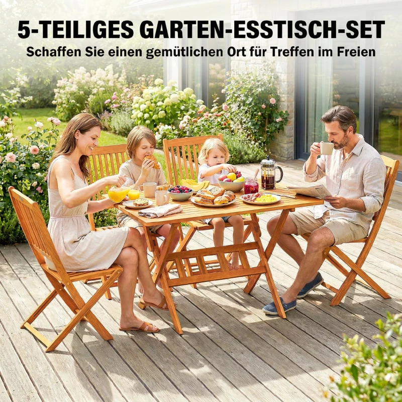 Outsunny Gartenmöbel Set holz FSC 5-teilig Klappbar Tisch mit 4 Klappstühlen Lattendesign für Garten Naturholz