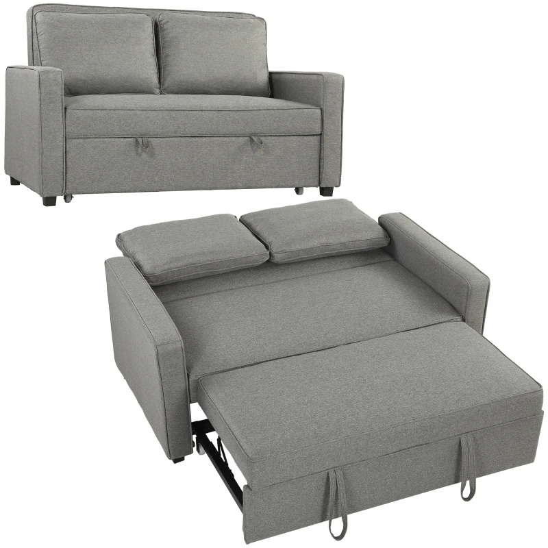 HOMCOM Divano Letto 2 Posti 3 in 1 con Schienale Regolabile in 3 Posizioni e 2 Cuscini, Tessuto Effetto Lino, Grigio