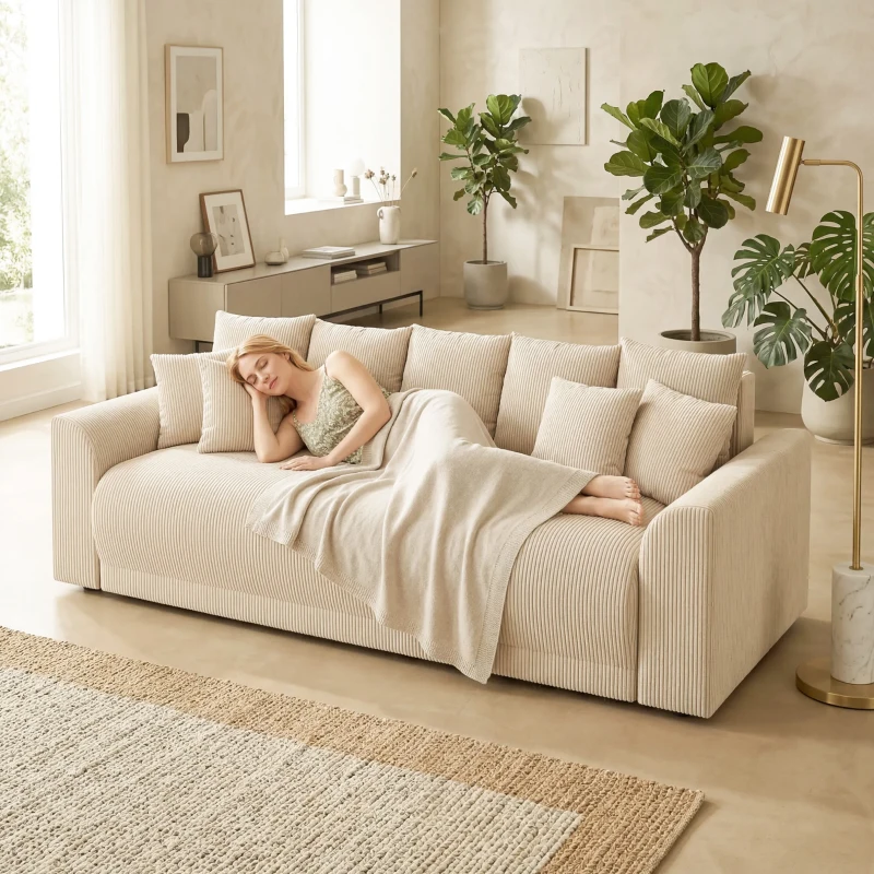 HOMCOM Schlafsofa 190x150cm 3-Sitzer Sofa mit Schlaffunktion, Kissen, Stauraum, Cord-Optik für Wohnzimmer, Beige