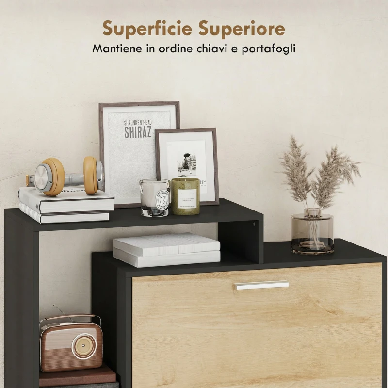 HOMCOM Mobile Portascarpe: 2 Cassetti a Ribalta, Ripiani, Nero e Legno Naturale.
