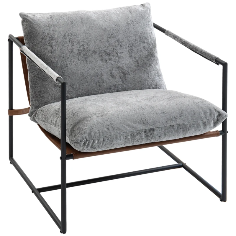 HOMCOM Fauteuil salon, fauteuil d'appoint rembourré en velours imprimé, large assise et structure en acier, 77x91x80cm, gris