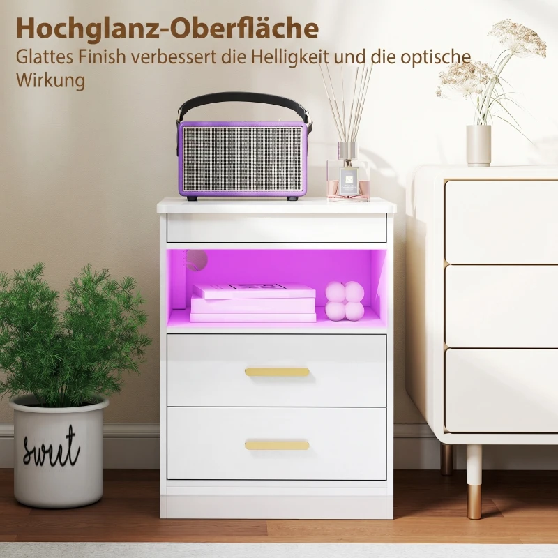 HOMCOM Moderner Nachttisch, Beistelltisch mit Ladestation und RGB-LED-Beleuchtung, Hochglanz Weiß