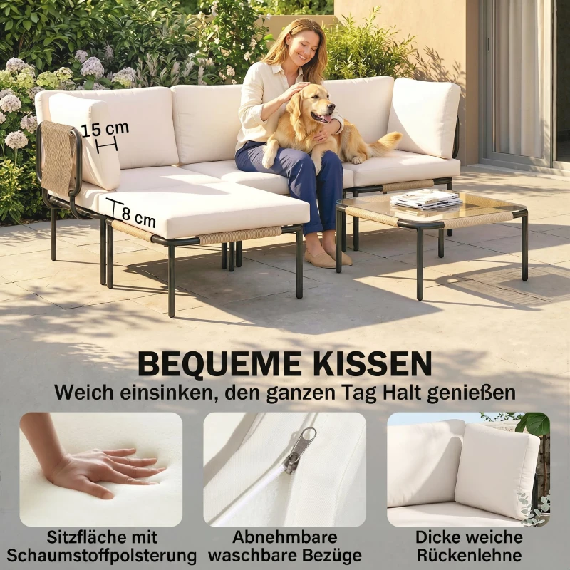 Outsunny Polyrattan Gartenmöbel Set 5-teilig mit 2 Eckstühlen, 2 Hocker und Tisch Breit & Tief Sitz abnehmbar Kissen Khaki