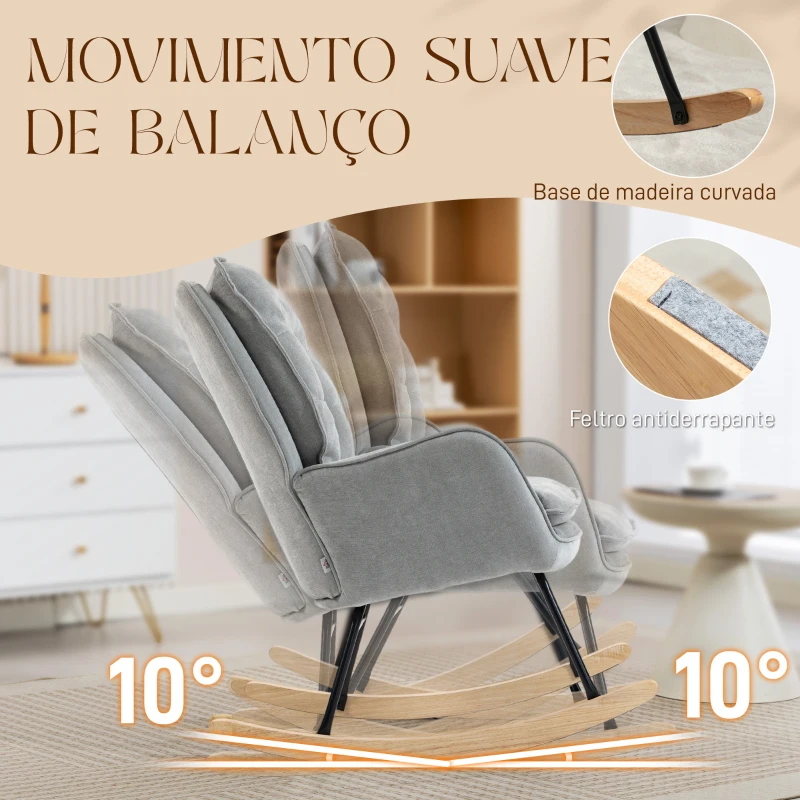 HOMCOM Poltrona Baloiço Estofada em Chenilla com Pés de Madeira de Faia e Apoio para os Braços para Lactância  71x98,5x97 cm Cinzento claro