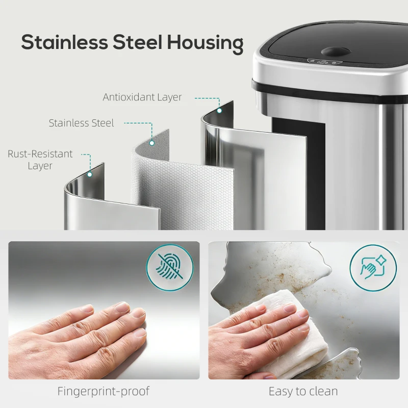 HOMCOM Stainless Steel Kitchen Sensor Dustbin Automatic Touchless Rubbish Garbage Waste Bin 58L Silver