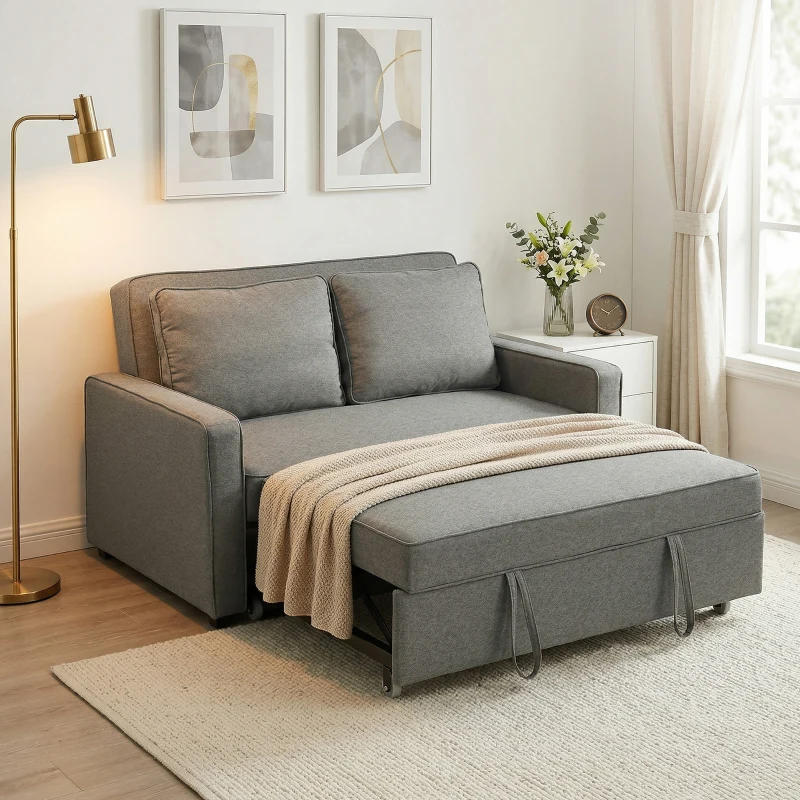 HOMCOM Divano Letto 2 Posti 3 in 1 con Schienale Regolabile in 3 Posizioni e 2 Cuscini, Tessuto Effetto Lino, Grigio