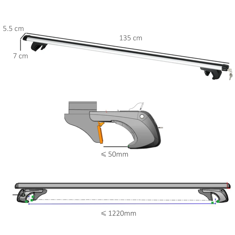 HOMCOM Barre Portatutto per Auto da 75 kg con Blocco e Chiavi di Sicurezza, in Alluminio e ABS, 135.3x5.7x7 cm, Argento