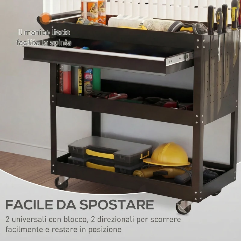 DURHAND Carrello 3 Livelli in Acciaio con Cassetto, Porta Utensili Laterale e Maniglia, Nero