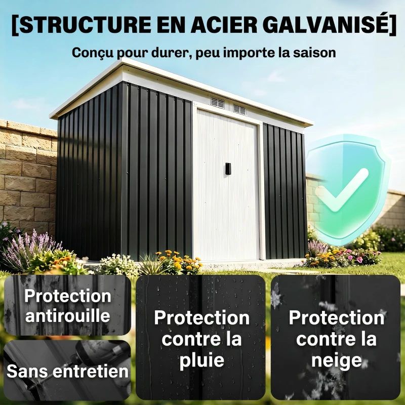 Outsunny Abri de jardin en acier galvanisé XXL 3,6 m² avec kit de fondation 280 x 130 x 172 cm, cabane de jardin cabanon rangement outils avec portes coulissantes verrouillables aérations, noir(m-4)