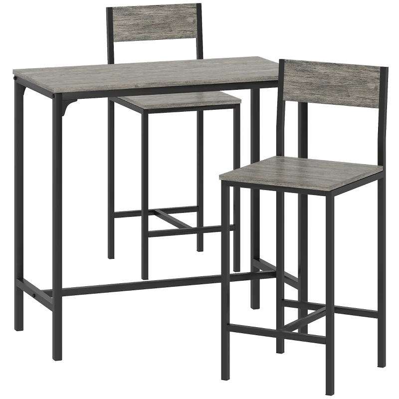 HOMCOM Ensemble table de bar avec tabourets, table à manger debout avec 2 chaises de bar, repose-pieds et dossiers, gris