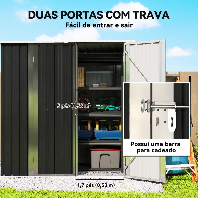Outsunny Abrigo de Jardim Exterior Metálico 1,37 m² 163x89x163 cm com Telhado Inclinado, Portas com Fecho e Luvas Cinzento