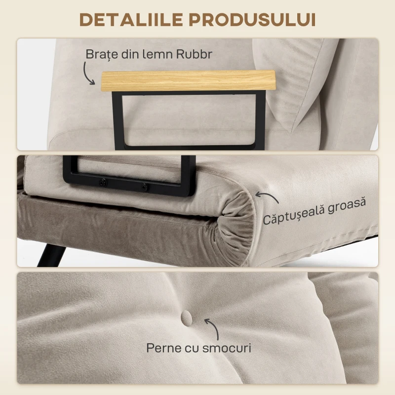 HOMCOM, Canapea Extensibilă 3 în 1, Cu Spătar Reglabil, Material tip catifea, 102x73x81 cm, Bej