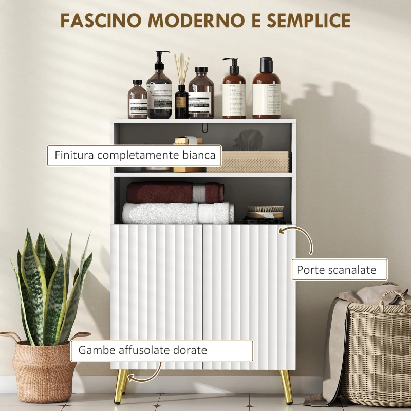HOMCOM Mobiletto Bagno Moderno con 2 Ripiani Aperti e Armadietto con Ante Ammortizzate, 60x31.8x93 cm, Bianco