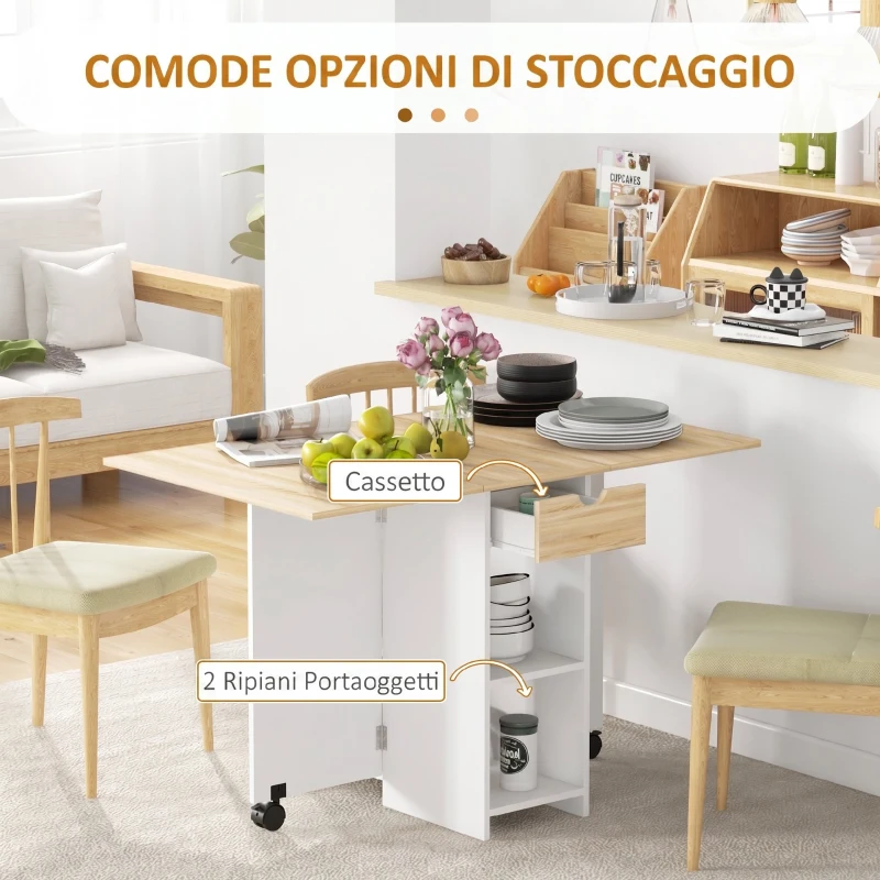 HOMCOM Tavolo da Pranzo Pieghevole con Cassetto e Ripiani, Tavolo Salvaspazio con Alette Ribaltabili per Cucina, Sala da Pranzo, Soggiorno, Rovere