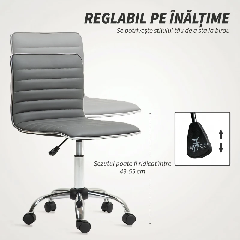 HOMCOM Scaun de Birou Ergonomic din Piele PU, cu Înălțime Reglabilă, Șezut Rotativ și Roți, Gri Închis
