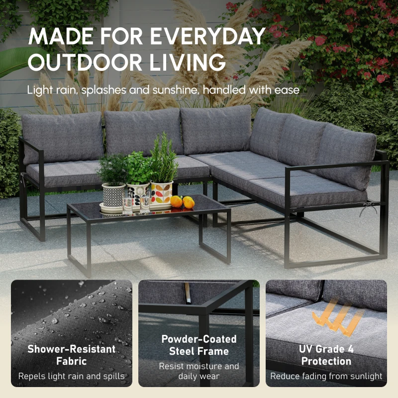 Outsunny Three-Piece L Shaped Garden Furniture Set with Cushions - Grey