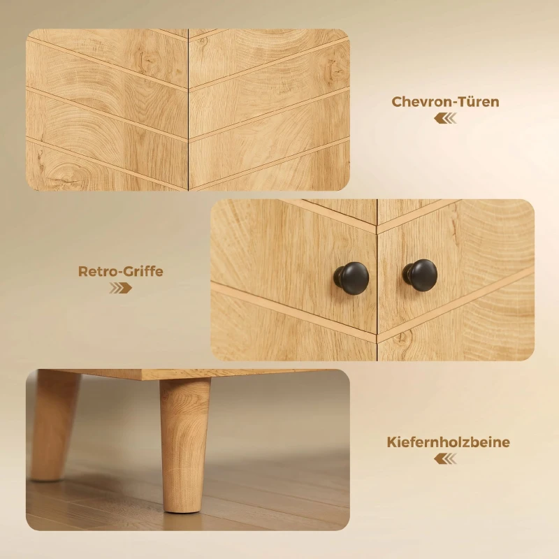 HOMCOM Buffet Cuisine, Meuble de Rangement avec 3 Portes à Motif Chevron et Pieds en Bois de Pin, 88,3x30x76cm, Bois Naturel
