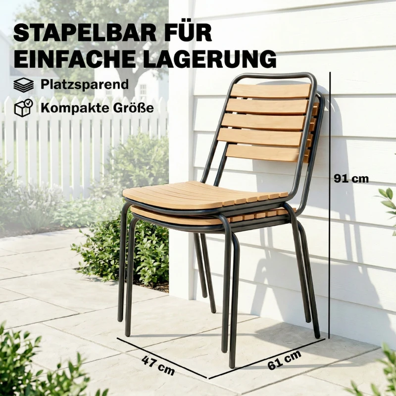 Outsunny Gartenstuhl 2er Set wetterfest Gartenstühle aus Stahl und Holz Stapelstuhl mit Rückenlehne bis 160kg belastbar Naturholz