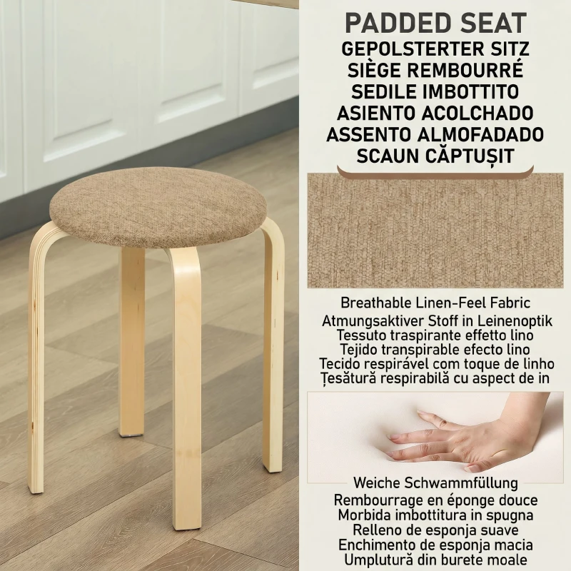 HOMCOM Polsterhocker im 4er-Set, stapelbar, lackierte Oberfläche, Holzbeine, Khaki