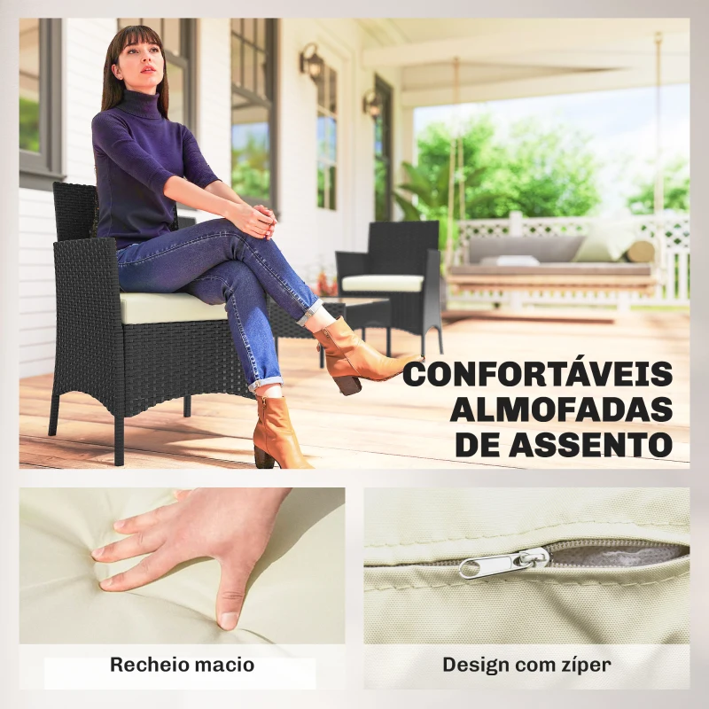 Outsunny Conjunto de Móveis de Jardim em Vime Sintético com Sofá Poltronas e Mesa de Vidro Temperado com Almofadas Preto e Creme