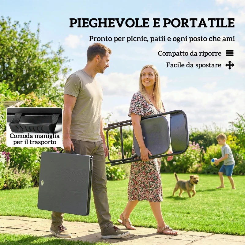 Outsunny Set Tavolo Regolabile e 4 Sedie da Giardino Pieghevoli in HDPE Effetto Legno, Grigio Scuro