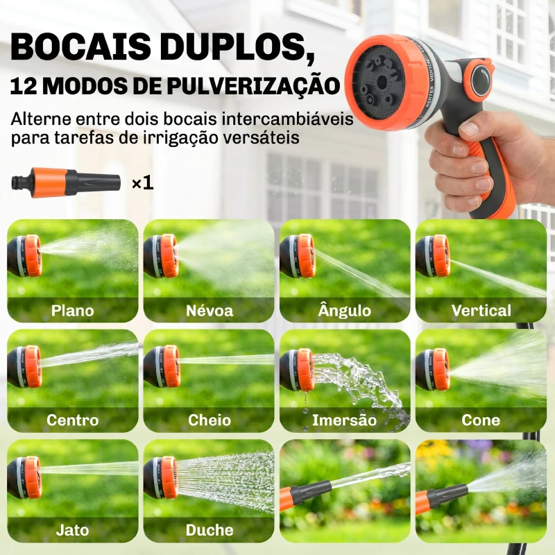 Outsunny Carretel de Mangueira para Jardim 28+2 m com 12 Modos de Pulverização Bloqueio Automático e Retracção Controlada Suporte Orientável 180° Laranja
